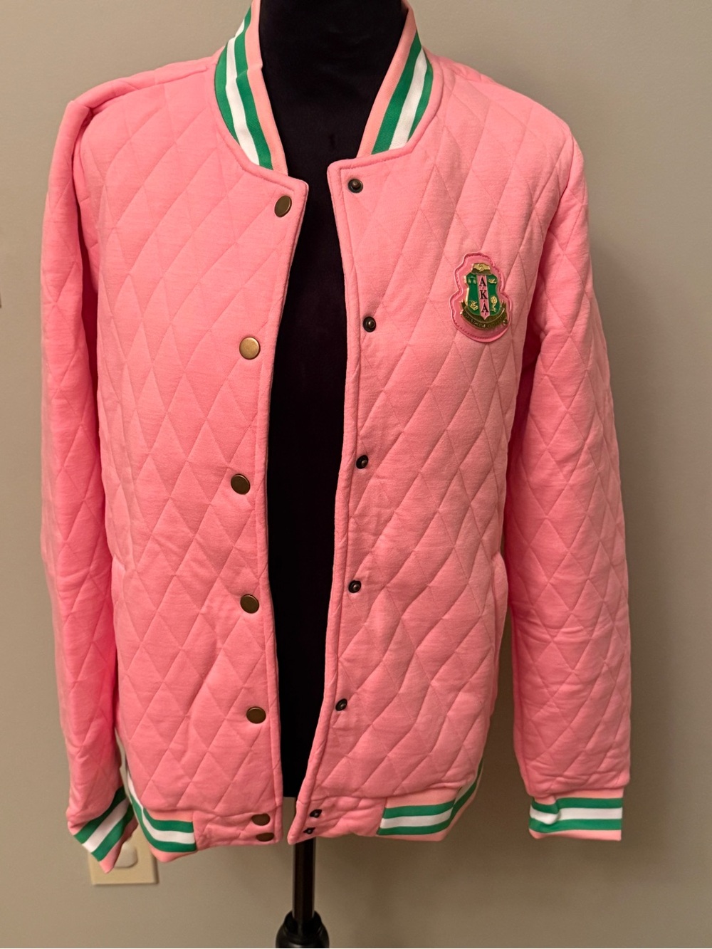 Women’s Pink AKA Quilted Bomber Jacket with Green/white Stripe Trim